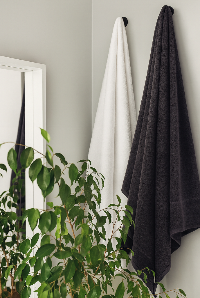Two towels, one white and one dark gray, hanging on a rack with a plant in the foreground.