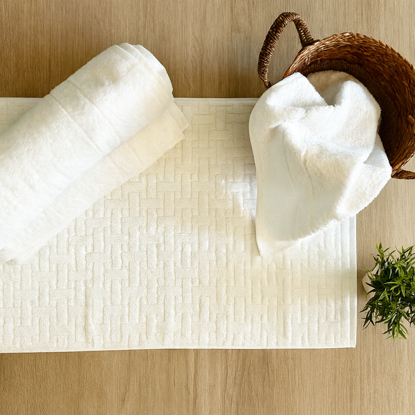 White paper towel roll and a folded white towel on a wooden surface with a wicker basket.