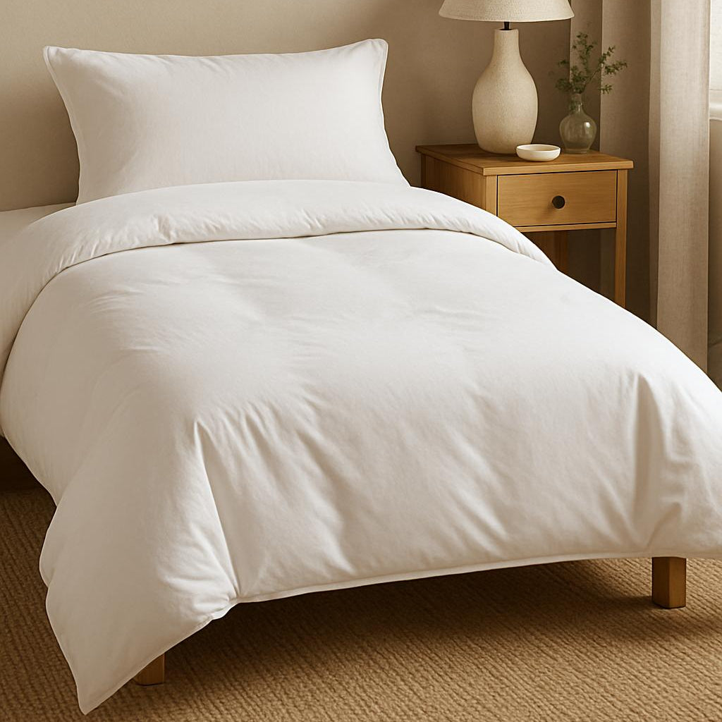 Neatly made bed with white bedding in a bedroom setting.