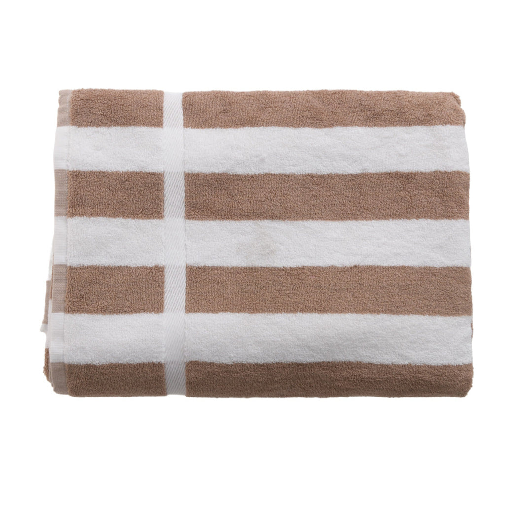 Folded towel with brown and white stripes on a white background